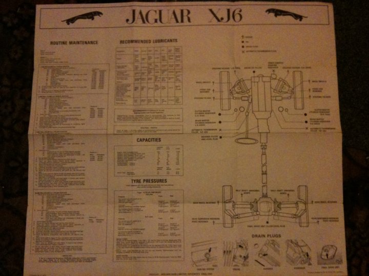 Old car 'bits' - Page 1 - Classic Cars and Yesterday's Heroes - PistonHeads - The image shows the interior of a book or manual. The pages include text, black and white drawings, and tables. The drawings depict selections, likely of the vehicle shown. The front cover of the book reads "JAGUAR XJ6" in capital letters. Below the text is an illustration of a vehicle front grille. The tables provide information in a structured manner, possibly listing parts or specifications. The style of the image is a straightforward display of printed materials, suggesting technical or instructional content.