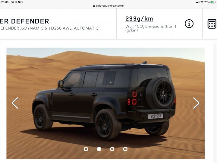 RE: Land Rover Defender Hard Top 110 | PH Review - Page 1 - General Gassing - PistonHeads UK - The image is a screenshot of a webpage featuring a black SUV with the model name "Defender" prominently displayed. The vehicle is depicted in a desert setting, suggesting its off-road capabilities. It is shown against a sandy backdrop, emphasizing its rugged design. There are texts on the screen indicating various specifications of the car, such as horsepower (296), torque (383 Nm), and acceleration from 0 to 100 kilometers in 4.5 seconds. The website interface suggests that this is an online showroom or sales platform for the vehicle.