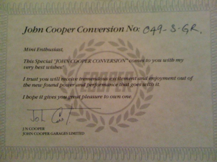 Conversion John Mini Pistonheads Cooper - The image displays a certificate for a John Cooper Conversion part number 049-8-GR, signed by Jason C. from the company J.Cooper Garages Limited. The certificate conveys the feasibility, expertise, and performance capabilities offered by the company. It specifies the promise of satisfaction and pleasure to the recipient.