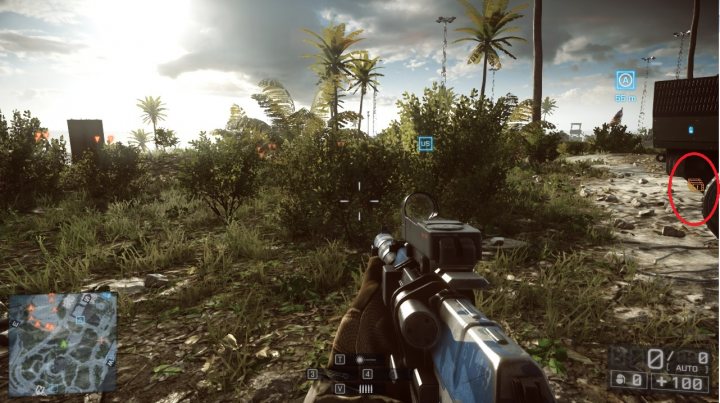 Battlefield 4 - PC Players Thread - Page 46 - Video Games - PistonHeads - The image features a first-person perspective from a game, possibly a first-person shooter, given the style of the graphics and control scheme. At the top of the screen, there is a minimap and health bar on the right side. In the foreground, a gun is visible, with the player holding it as they look towards the horizon where palm trees are visible. The graphics are detailed, showing a scrubland environment with overgrown vegetation. In the background, there is a building or structure with a sign or light. The sky is overcast, suggesting a late afternoon or early morning setting.