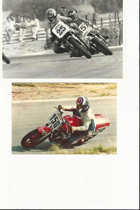 Show your 70's bike... - Page 5 - Biker Banter - PistonHeads - The image displays two photographs side by side. In the left image, a motorcyclist is in a racing position, leaning forward on the handlebars. The motorcycle is a traditional design, and the rider is wearing a helmet with side mirrors. The image is a black and white photograph.

The right image captures a close-up of a second motorcyclist in action. This rider is also leaning forward, with the motorcycle's chassis under the rider's center of gravity. The rider is seen wearing protective gear, including a helmet and padded clothing. The motorcycle's number is visible, and it appears to be a darker color, possibly red or black, which is typical for racing bikes.

Both pairs of riders exhibit the same body language, indicating clear derby or racing contexts. The tracks appear to be outdoors with multiple lanes.