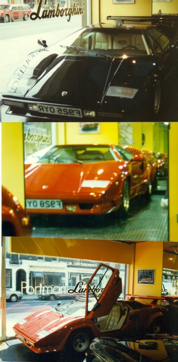 Countach  - Page 12 - Lamborghini Classics - PistonHeads - The image is a collage of four photos showing an old Lamborghini car in various states of openness at a service dealership. From left to right: The first photo captures the front of the closed vehicle, the second photo shows the car from a side perspective with a part of the door open, the third photo presents the interior of the car with the door ajar, and the fourth photo displays the open engine hood. The car appears metallic red with black details and a polished exterior. In the background of the last photo, other cars are visible, indicating that the Lamborghini is on display in a showroom or show garage setting.