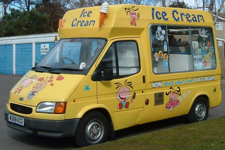 Kimi Pistonheads Mclaren - The image captures a vibrant yellow ice cream van parked on a grassy area. The van is adorned with cheerful cartoon characters and various other stickers, making it instantly recognizable. The words "Ice Cream" and "Now That's What I Call Ice Cream" are prominently displayed, indicating the van's purpose. The background features a white building, and there is a hint of more greenery in the distance. The colors are bright and the overall composition suggests a casual, recreational setting.