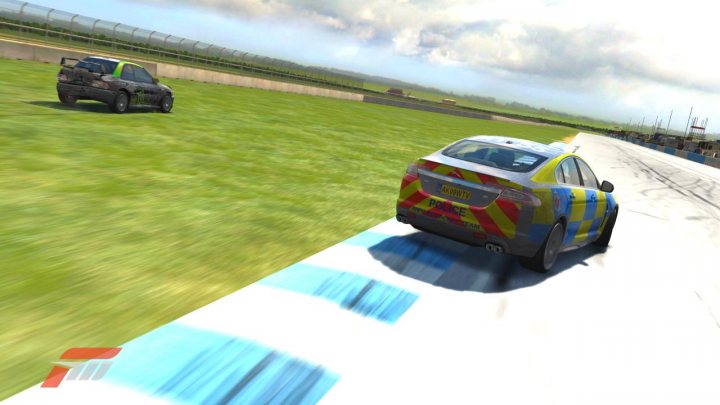 Wanted Tasks Couple Pistonheads Drivers Forza - The image showcases a dynamic outdoor scene where a cartoon-style race car is speeding along a track, heading towards the camera. Another car, with its back to the viewer, is crash-landed and spinning to its left. The track has a blue-sloped section on the left side, and the surrounding environment features grass and a fence on one side. Below the flying car, a checkered pattern is visible, indicating the presence of a finish line or a competition setting. The image seems to capture an exciting moment of a virtual or animated car race.