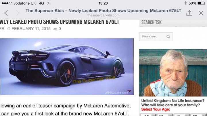 Track focussed 650S - Page 1 - McLaren - PistonHeads - The image is a screenshot of a webpage from a news site titled 'The Supercar Kids'. A toy prototype of a new McLaren 675LT is shown in the image, which was picked by The Supercar Kids as their choice. The 675LT is a sleek, contemporary sports car and is in the process of being leaked from a warehouse, suggesting it is an upcoming model. The page includes a search feature, an advertisement for car insurance from 'United Kingdom', and a diverse range of McLaren supercars available, with an invitation to select one's age.