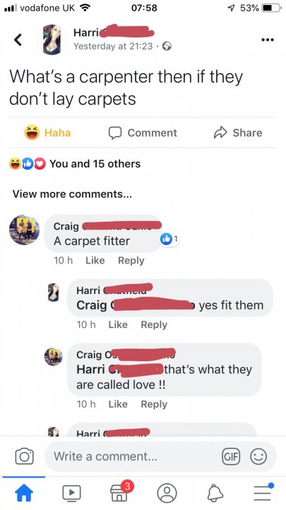 Facebook fails Vol. 2 - Page 126 - The Lounge - PistonHeads - The image shows a screenshot of an Instagram post on a mobile phone. At the top of the post is a photograph of a person with dark hair, wearing a red top and glasses, posing for the photo. Below this picture is a text overlay that reads "what's a carpet then don't lay carpets." 

The bottom part of the image shows a conversation in progress. The first message, from a user named Craig, says "yep I just got back from a carpet fitting and they are calling them carpets." A second message, presumably from another user, replies "that's what they are called they are carpet." 

The post has received multiple comments, with some users expressing confusion about the terminology used for floor coverings. There is also an emoji of a hand clapping at the bottom right corner of the image, indicating approval or applause from one user. The post appears to be light-hearted and humorous in nature, centered around the misunderstanding between different people's use of the term "carpet."