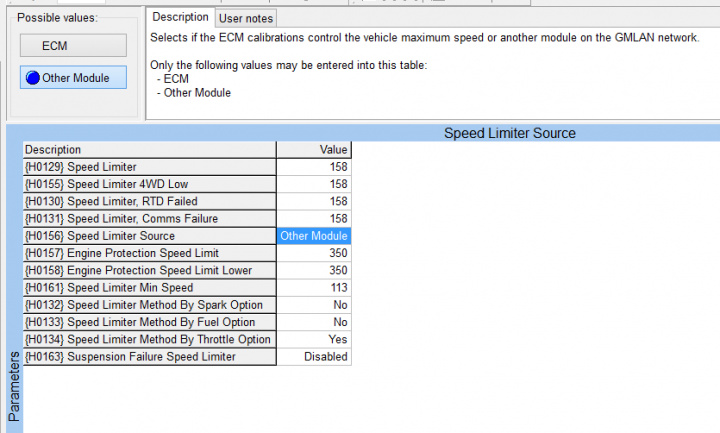 2012 Chevy Tahoe Overspeed Warning - Page 1 - Yank Motors - PistonHeads - The image displays a software interface with detailed technical specifications for vehicle speed limiter capabilities. The interface includes a table with various speed limits along with associated values for each component. There's a blue button with a blue bar that reads "Speed Limit Source," further indicating the nature of the information within this dialogue box. The visible speed limit measures are in RPM (Revolutions Per Minute). The overall layout is within a graphical user interface, typical of software or hardware setup menus.