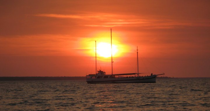 A boat sailing on top of a body of water - Pistonheads - The image depicts a vibrant sunset with a large, white boat sailing on the water. The sun casts a warm, golden hue over the scene, creating a stark contrast against the dark silhouette of the boat and its tall masts. The boat, painted white, is the central focus of the image, its size accentuated by its proximity to the viewer. The sky around the sun is fiery orange, with wispy clouds adding to the grandeur of the scene. There are no texts or other objects visible in the image. The boat's journey on the water, under the radiant sunset, conveys a sense of serenity and tranquility.