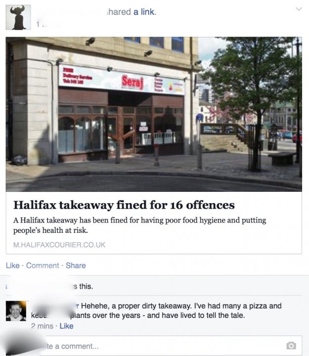 Dirty takeaway pictures Vol 2 - Page 298 - Food, Drink & Restaurants - PistonHeads - The image is a screenshot of a social media post featuring a news article headline. The headline reads "Halifax takeaway fined for 16 offences: A takeaway has been fined for having poor food hygiene and putting people's health at risk." The post includes a like button and a comment from a user mentioning their level of trust in the takeaway, stating "I've had many a pizza and plants over the years - and have lived to tell the tale." The comment is accompanied by a thumbs-up emoji. The image captures a typical social media user interaction with news content.