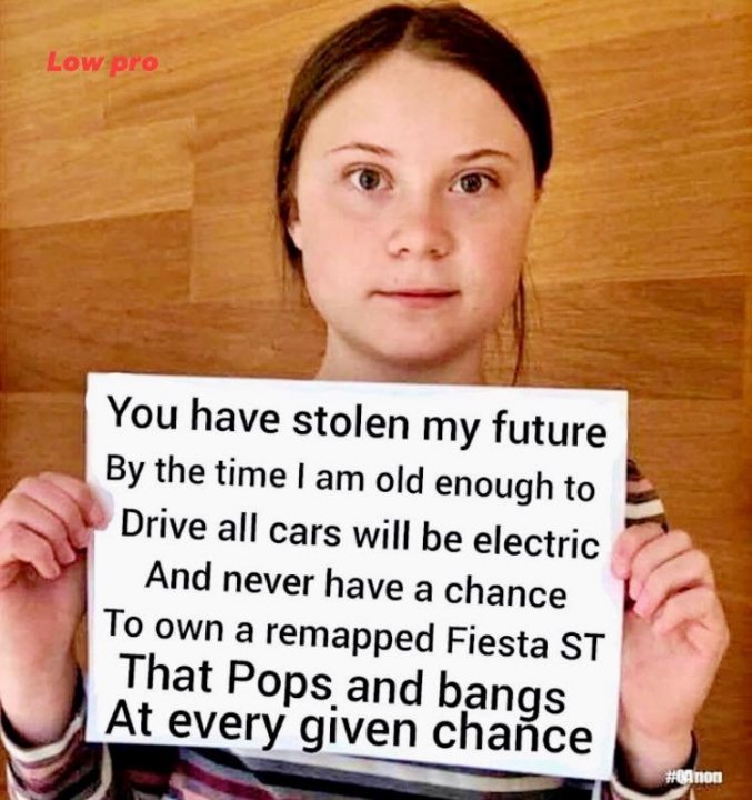 'Fake' pops and bangs - Page 1 - General Gassing - PistonHeads - This image features a young person holding up a sign with a handwritten message. The text on the sign reads: "You have stolen my future by the time I am old enough to drive all cars will be electric and I never have a chance to own a remapped festa st that Pops and Banges at every given chance". The young person is standing indoors, with a plain wall in the background. The lighting is even, and there are no other objects or people visible in the image.