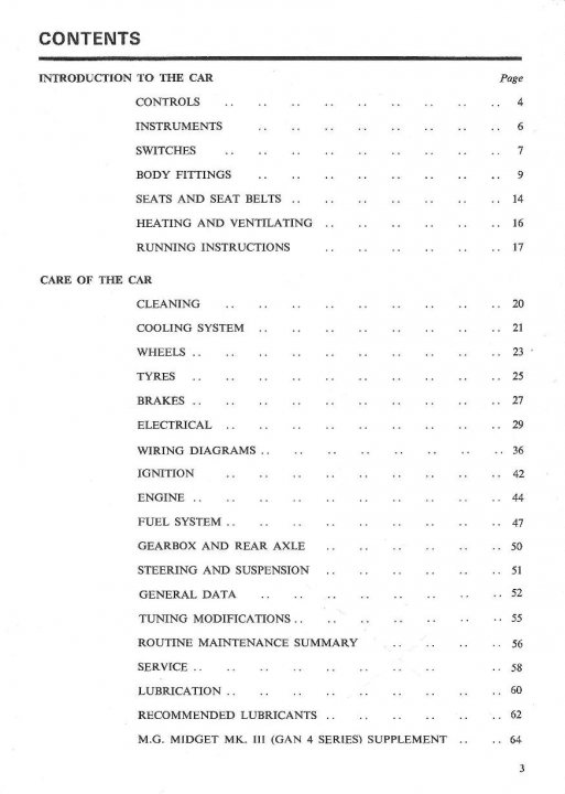 Question about rear axle oil for mgb - Page 1 - MG - PistonHeads - The image displays a page from what appears to be a manual or textbook. At the top, in bold text, the title reads "CONTENTS." Below that, the page is structured into sections with headings such as "Car Care" and "Tune-up schedule." Each section seems to detail different aspects of car care, maintenance, and diagnostic procedures. The text is organized in columns and rows, and there appear to be some checkboxes or bullet points next to the headings. The background is plain white, and the font is black, making it easy to read. The page is labeled as page 3, with other similar pages indicated to continue the content.