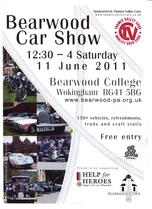 Pistonheads June Bearwood - The image is a flyer or poster for an event titled "Bearwood Car Show." It lists the dates for the show as within 12-30 June 2011 at a venue named Bearwood College in Wokingham, Berkshire. The event is sponsored by Thames Valley Car Club and claims to offer 150+ vehicles, refreshments, trade and craft stalls, and a free entry promise. Additional information on bearwood-pa.org is provided, suggesting that the organization supports veterans and that the show is suitable for families of all ages.