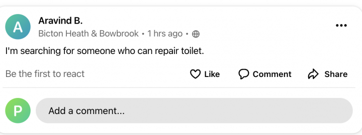 Local Facebook groups - Page 717 - The Lounge - PistonHeads UK - The image shows a screenshot of a social media post featuring a text message. The main content is a humorous comment from a person named Avinash Bhatia, who says he is searching for someone who can repair his toilet. Below the text message, there is an emoji with a toilet paper roll, adding to the comedic context. In the background of the screenshot, there's a blurry figure of a person sitting at a table with a laptop and some papers in front of them. The overall tone of the image is light-hearted and humorous, emphasizing the everyday struggle of finding someone to fix a toilet.