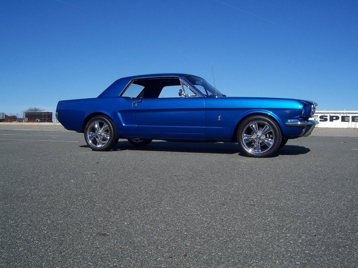 New owner what do you guys think. - Page 1 - Mustangs - PistonHeads - The image shows a striking blue Mustang muscle car parked on a clear day against a backdrop of a blue sky. The car is positioned at an angle to the camera, showcasing its design and the 18-inch chrome rims around the tires. The setting appears to be a paved area with some foliage in the background, possibly indicating a park or public space. The car's glossy finish and the clear background suggest that the photo was taken on a sunny day.