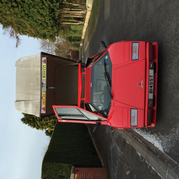 Countach  - Page 62 - Lamborghini Classics - PistonHeads - This image shows a striking red sports car parked on a street. The car is characterized by a hatchback trunk, with the trunk open to reveal the bed of a towing vehicle underneath. The vehicle is situated on a paved road adjacent to a garden with neatly trimmed hedges.