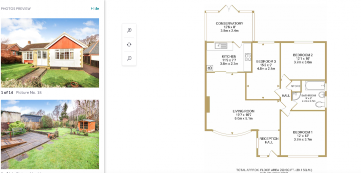 Bungalow conversion costs... - Page 1 - Homes, Gardens and DIY - PistonHeads UK - The image is a photograph of a real estate listing. It shows an interior view of a house under construction, with a visible floor plan and measurements provided next to each room. The rooms are labeled, but the text is too small to read clearly. The house appears modern with open-plan living spaces and a separate kitchen area in the background. There's also a backyard visible, suggesting that the property includes outdoor space. A front view of the same house is displayed at the top of the image, showing the exterior during daylight with clear skies. The overall style of the photograph is straightforward and informative, aimed at showcasing the property for potential buyers or renters.