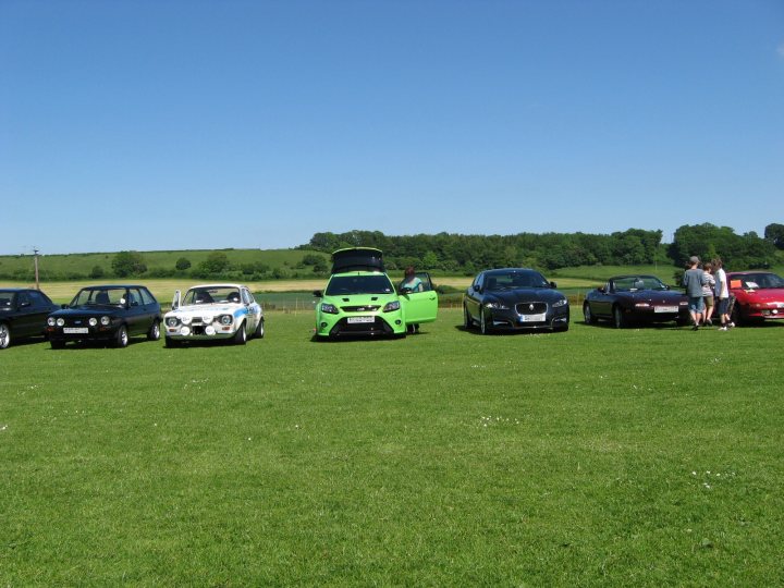 Village Motoring Pageant ...8th June - Page 1 - South West - PistonHeads - The image depicts a line of vintage cars parked in a grassy field. There are seven cars in total, each with a unique color and model. The vehicles are arranged side by side, stretching from the foreground into the distance. The grass is cut short, creating a well-maintained appearance. It's daytime with a clear blue sky, setting a pleasant backdrop for the cars. The scene suggests a classic cars exhibition or gathering.