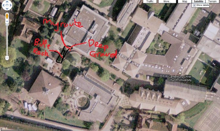 Thread Hope Pistonheads - This is a satellite view of a complex, possibly a school or college campus, captured using a GPS device. Various buildings and structures are visible, with a unique annotated star and apot shape drawn in red, possibly indicating points of interest or locations for a tour. There are rectangular outlines around certain areas, and an arrow labeled "deep ground" pointing downwards towards a building, suggesting specific features or attractions within the establishment.