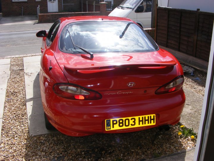 Pistonheads Coupeshed - The image displays a red Honda Civic car parked on a street alongside a wooden fence. The car appears to be a hatchback with a visible targa top panel. The rear brake light is red and the license plate reads "P803 HH". The ground beside the car is covered with small pebbles, and there are some yellow flowers nearby. The overall scene suggests an urban residential area.