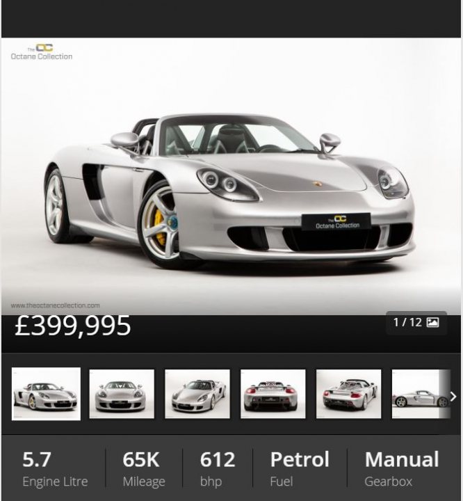 Written off Carrera GT for sale - tempting...!? - Page 1 - General Gassing - PistonHeads - The image showcases a silver sports car displayed on a website. The car is the focal point, with its sleek design and shiny metallic finish. It's parked against a pristine white background that highlights its features. At the bottom of the screen, there are various images of other luxury cars, suggesting that this website offers a wide selection of high-end vehicles. The price of the sports car is prominently displayed at the top right corner of the image, indicating it's for sale.