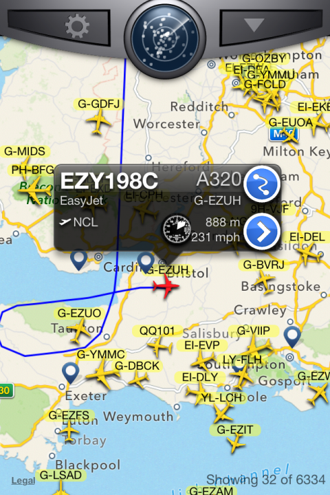 Listening in on Air Traffic. Flightradar24. - Page 1 - Boats, Planes & Trains - PistonHeads - The image shows a digital interface displaying an airplane's flight path on a map. The airplane's call sign is "EZY198C," with the registration "A320" visible. It's an EasyJet flight and appears to be either departing or preparing for landing, as indicated by the message "EZYJET" and the positioning it close to an airport. The airplane has been in flight for approximately 3 hours and 45 minutes, as indicated by the elapsed time. The map shows various labeled cities, distances in miles, and has a clear, daytime appearance with few landmarks distinctly visible.