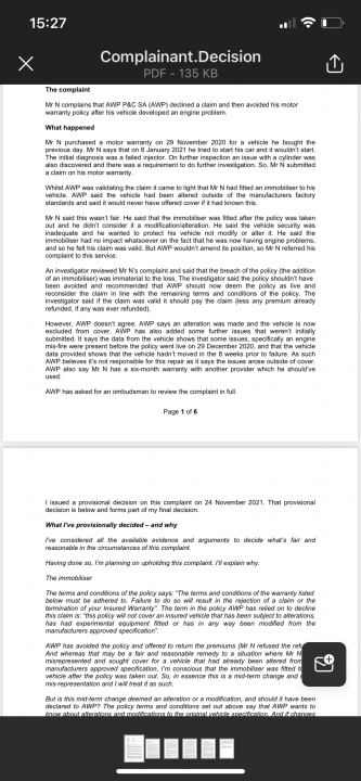 BMW warranty voided due to immobiliser  - Page 1 - M Power - PistonHeads UK - The image displays a screenshot of an electronic document, which appears to be a formal report or letter. The document is written in English and contains text that seems to provide information, possibly related to a decision made by a certain entity (as indicated by the mention of "Complaint Decision"). The content includes several bullet points with corresponding sub-bullet points, suggesting a structured format for presenting information. The style of the document suggests it could be part of an official or corporate communication, such as a complaint resolution statement.

At the top left corner of the image, there's a notification icon, which is common in many smartphone interfaces. In the bottom right corner, we can see a smartphone's screen interface with a keyboard and a "Home" button visible, indicating that this is a screenshot taken from a mobile device.

The overall layout of the image suggests it was captured during a presentation or review process, where someone might be referencing this document on a tablet or another device. The presence of the notification icon in the top left corner implies that this could be a snapshot taken from within an email application or another software interface designed to handle such documents.