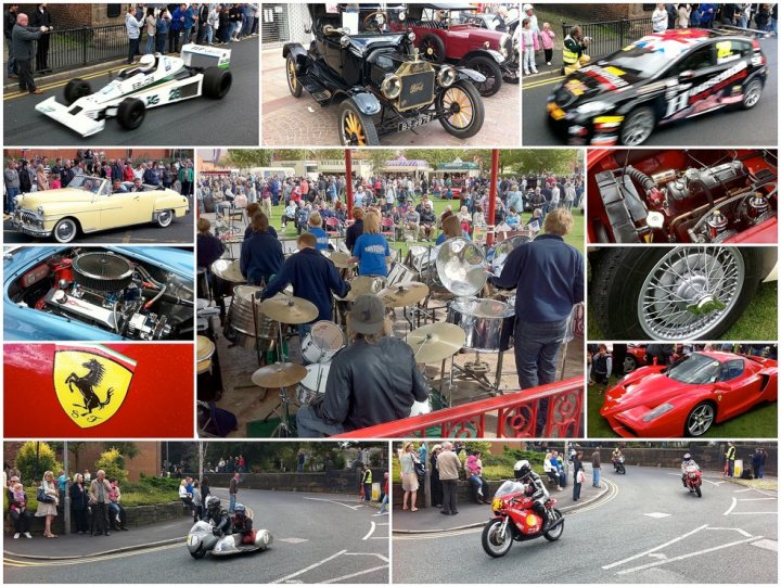 Ormskirk MotorFest - The image is a vibrant collage celebrating the spirit of car racing. Dominating the scene are several cars, ranging from a sleek red sports car, a vintage yellow Bentley, to a modern white Ferrari. In mood contrast, there's a black motorcycle with spikes and a stark white sidecar. The collage captures the essence of racing events, showcasing participants, enthusiasts, and spectators all engrossed in the thrill of the race. The diversity of the cars, from vintage to modern models, encapsulates the ever-changing landscape of the automotive world.