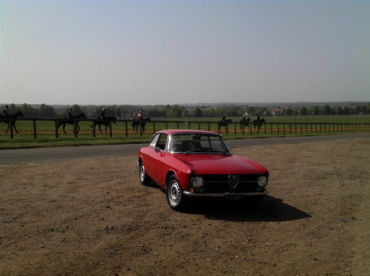 Picturesque setting for car photos around Cambridgeshire - Page 1 - East Anglia - PistonHeads - The image shows a red vintage Alfa Romeo parked on a gravel field against a clear sky. The car, exhibiting a vibrant color and classic design, is angled slightly to the side, facing away from the viewer. It sits on a vast field with a wooden fence on one side where horses are visible. The fence encloses a grassy pasture that extends into the distance. The overall scene evokes a sense of tranquility and rural charm.