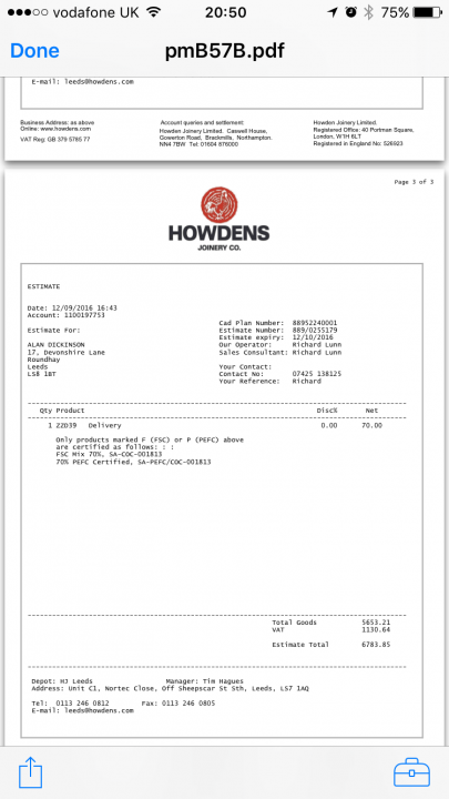 Howdens Kitchens - is this a good price? - Page 3 - Homes, Gardens and DIY - PistonHeads - The image shows a digital document with blank fields on a computer screen. The background of the document is white and it includes text, logos, and several lines of numerical data. At the top, there is an address provided and below that, the company name 'HOWDENS' is prominently displayed. There is a phone number listed within the document, and various placeholders are scattered throughout for titl individuals, dates, and other necessary fields. The format of the document suggests it is a quote or proposal template, commonly used in business for quoting products or services.