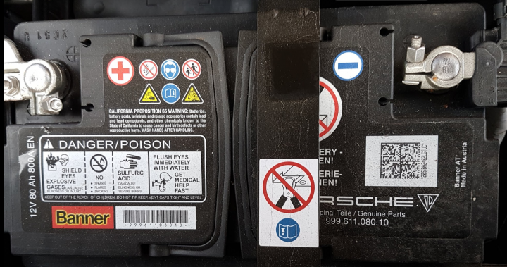 981 battery life - Page 4 - Porsche General - PistonHeads - The image shows two black battery covers, each stamped with various warnings and instructions in white lettering. At the top of one batter cover, a battery sticker with the name "Porsche" and a barcode is visible. Both covers bear the words "DANGER/POISON" and "FLASH EYES" in bold text, indicating cautionary chemical contents or properties. Additional Sakura-like medical cross symbols warn about the presence of sulfuric acid, and a prohibition symbol with a hand wearing gloves signifies the need to wear protective gloves. These covers are likely part of a vehicle's battery compartment, emphasizing safety precautions when working with or around batteries.