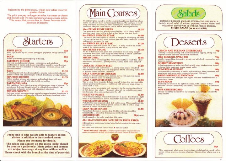 Wimpy - Page 2 - Food, Drink & Restaurants - PistonHeads - The image displays a menu for a restaurant with a variety of items listed under different categories. At the top, there are sections labeled "Main Courses," "Salads," and "Desserts." Each section is further divided into subcategories. The text on the menu is in English, listing dishes like "Shrimp," "Pizza," "Sandwiches," "Burgers," and others. There are also prices listed next to each item. At the bottom of the image, there's a disclaimer that states, "Please note: All items may be subject to change without notice." The menu is set against a light background and has a formal, organized appearance with clear typography and separators between sections.