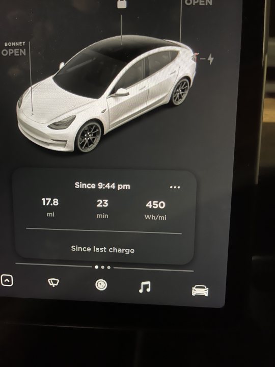 EV's ranked by efficiency - Page 3 - EV and Alternative Fuels - PistonHeads UK - The image shows a car dashboard with a detailed display of the vehicle's charging status and range. The car is a Tesla, as indicated by the logo on the screen. The dashboard indicates that the car has been charged 100% and has an estimated range of 256 miles, which is above 80%. It also shows the current time as 9:34 PM, with an estimated charging time of 4 hours and 45 minutes remaining. The dashboard indicates a charge status of "Full" and shows that the car was last charged at 7:28 PM and has consumed 18 miles since then. Additionally, it shows a 45-mile trip to the left of the photo. A speedometer is visible on the right side of the screen. The overall image quality suggests it may have been taken with a camera or smartphone held up to the dashboard.