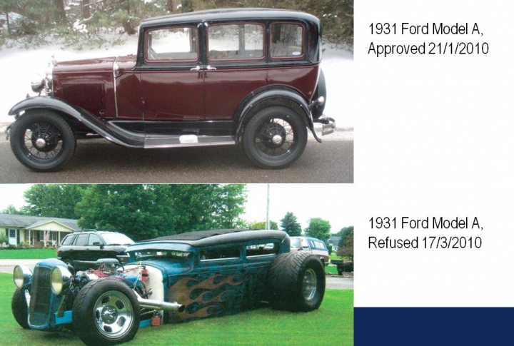 Rules Pistonheads Info Importing Pre - The image presents side-by-side comparisons of two vintage vehicles. On the left side, there's a maroon sedan from 1931 that's approved and dated 21/11/2010. The right side of the image shows a blue antique car with a flame design, named the 1981 Ford Model A, also dated 21/11/2010. Both vehicles are parked on a grassy area, and their design and color palette evoke a sense of nostalgia and classic automobile aesthetics.