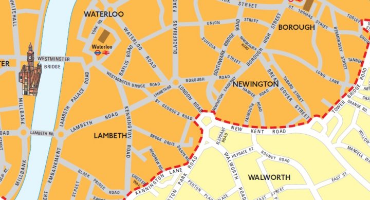 Pistonheads Area Congestion - The image presents a detailed street map focusing on a specific area: Walworth. The map is color-coded to differentiate streets and is rich with street names and special designations. A key feature is a red outline indicating a boundary, possibly indicating an area of interest or importance. This is not just a map but a visual guide to navigating through Walworth.