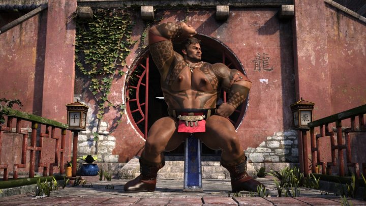 A statue of a man sitting on top of a statue - The image portrays a scene from the video game "God of War." In the center, a muscular man is captured in mid-action, wielding a weapon that appears to be a spear or a similar combat tool. He stands on a stone platform, set against an architectural backdrop featuring a red archway and intricate designs. Above the archway, there are Chinese characters, suggesting a location within a Chinese-themed setting. The man's attire resembles ancient warrior garb, complete with a helmet that adds to his formidable appearance.