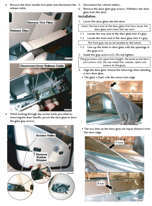 DB9 DOOR GLASS REPLACEMENT - Page 1 - Aston Martin - PistonHeads - The image is an instructional guide outlining the process to remove the door handle of a white vehicle. It's a series of seven steps, shown in a vertical format with accompanying illustrations to help the reader follow each step clearly. The instructions emphasize caution and the correct sequence of actions, ensuring that the vehicle's door glass is not damaged during the process.