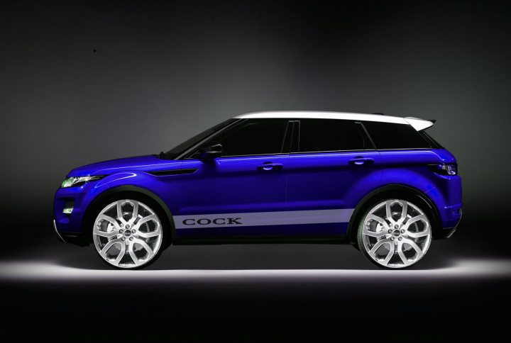 Plans Pistonheads Evoque Kahn Cosworthtweaked - The image features a futuristic concept car presented in a studio setting. The car is painted in a metallic purple to blue gradient, with a white roof and sharply styled rims. It has the word "COCK" on the side of the door, indicative of the car's unique and striking design. The car is positioned against a dark, gray backdrop, which contrasts with the car's vibrant colors. The overall composition of the image showcases the vehicle's sleek and modern design.