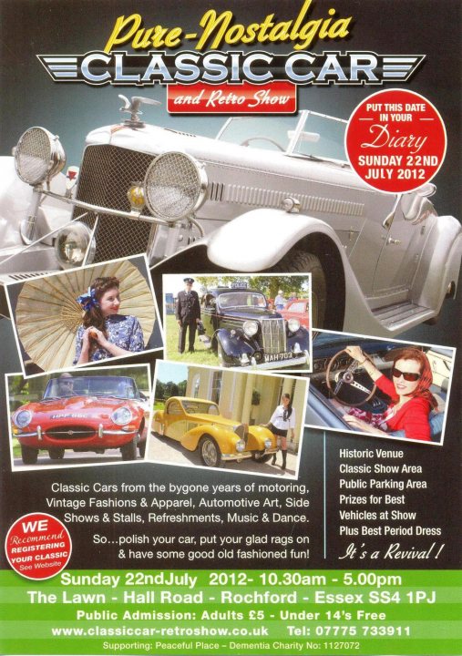 Classic Car and Retro Show, 22nd July... - Page 1 - Kent & Essex - PistonHeads - The image is a poster for a car show titled "Pure-Nostalgia Classic Car and Retro Show." It prominently features a white classic car at the top and bottom of the poster, with photographs of individuals and vehicles scattered throughout the advertisement. The poster includes text presenting details about the event, including the date, Sunday July 22nd, timings, and location, The Lawn at Rochford, Essex S3A 9PJ. It also lists various attractions like a music and dance show, vintage fashion and automotive displays, and a classic show area. Additionally, it states that there are prizes for the best vehicles at show, such as period dresses and vehicles. The event appears to be well-organized, encouraging a wide audience to attend, and it functions as an advertisement for a classic car show.