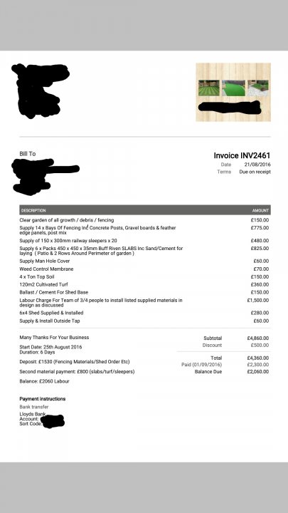 Have I been done by a builder?  - Page 3 - Homes, Gardens and DIY - PistonHeads - The image is a screenshot of an invoice with various charges and some text overlays. The top left corner of the image shows a black silhouette, while portions of a green field and a folding brown box can be seen at the top right corner. The invoice appears to outline several items, including a "Clear Garden Entrance Ticket," with two line items for different quantities and prices. There is a discount given on each line item. Additional charges include "Wooden Box of Plant Pin" and "Clear Entrance Box for climbing plants." The document also contains sections for shipping, notes, and customer information, including a column for payment instructions and at the bottom, placeholders for "Payment ID" and the initials "L.D." The bottom right corner has a tear-away tab for the official receipt. The background of the document is gray, and the image style is informative, typically used in commercial or accounting transactions.