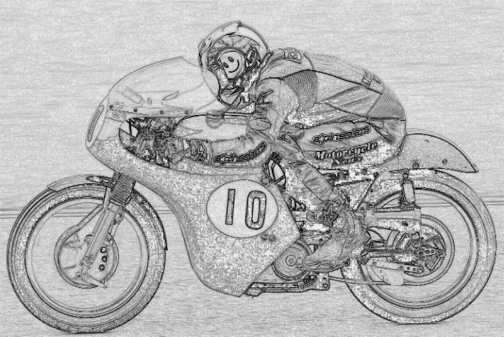 South Coast Photography Pistonheads - The image is a greyscale, high-contrast drawing of a person lined up horizontally on a motorcycle, indicating the act of racing. The motorcycle has distinct design features, including a large engine and a fairing on the front. The number "10" prominently displayed on the side suggests this could be a racing number or a sign of some significance in the context of the scene depicted. The art style, characterized by a monochromatic palette and sharp outlines, emphasizes the action and form of the racer and the motorcycle, conveying a sense of speed and intensity.