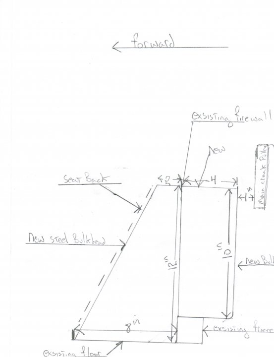 Custom fuel cells - Page 1 - Ultima - PistonHeads - This image shows a hand-drawn diagram accompanied by text that seems to be about construction or architectural design. The diagram illustrates various components of a structure, including a new steel bulkhead. Interestingly, there appears to be a note indicating a steam box, suggesting an element related to heating, ventilation, or air conditioning (HVAC) might be involved in the project. The diagram includes a scale for proportions, allowing for accurate measurements of the elements within the structure. The shading around the steam box indicates where it is positioned within the design.