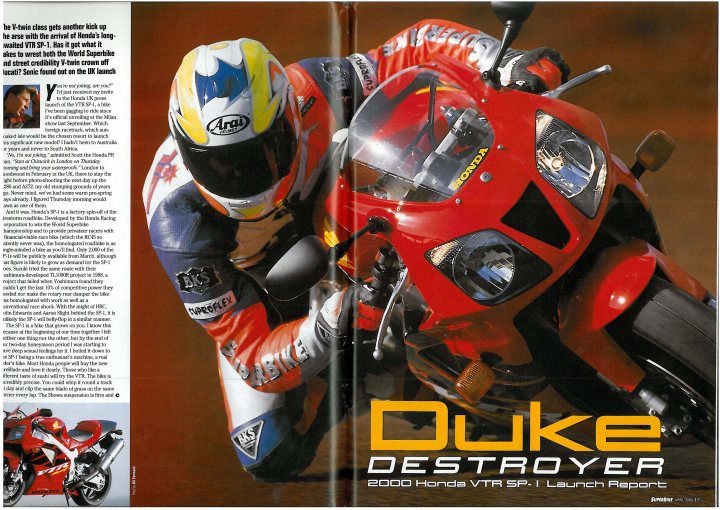 John Cantlie - Sonic from Fast Bikes - Page 1 - Biker Banter - PistonHeads - The image showcases a motorcycle racing action magazine spread. The main theme of the spread is a professional motorcycle racer perched atop his red motorcycle on a race track. The racer is in a dynamic pose, donning a helmet which makes for an exciting visual. The magazine's name, DUKE, is prominently displayed in large text adjacent to an action shot of the racer on the track. Accompanying text and smaller pictures enrich the layout, providing additional context and information pertinent to motorcycling and racing. The overall layout suggests a detailed, suspenseful, and thrilling exploration of the world of motorcycling and racing.