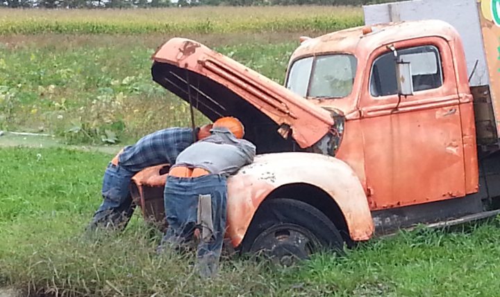 This image depicts a tranquil scene in a field. There are multiple antique trucks present, embodying a rustic charm. The trucks, one of which has the hood propped open, evoke a sense of history and nostalgia. There are two individuals, dressed in casual clothing, engaged in working on one of the trucks. The presence of these individuals, combined with the opened truck, suggests maintenance or restoration work. The setting of the scene is a lush green field, further enhancing the overall rustic atmosphere of the image.