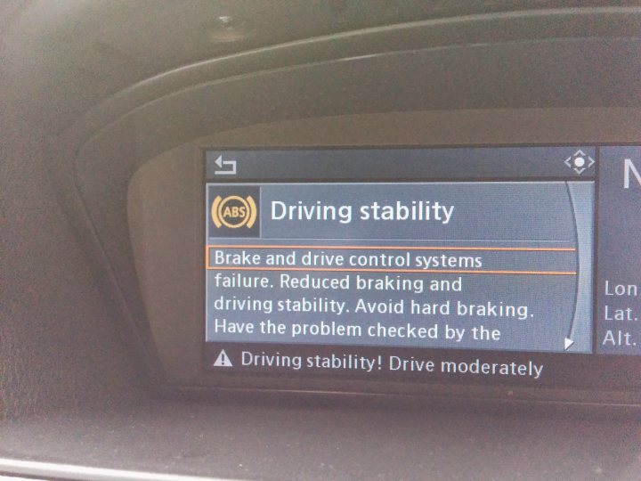 Brake and drive control system failure - Page 1 - BMW General - PistonHeads - The image shows a vehicle's car display with a focus on the manual for the vehicle's driving system. The screen displays information about braking, brake control systems, and reducing braking (driving stability) with a warning about having the problem checked by a professional. The display also advises to avoid hard braking for better driving stability, indicating the car's focus on safety and comfort.