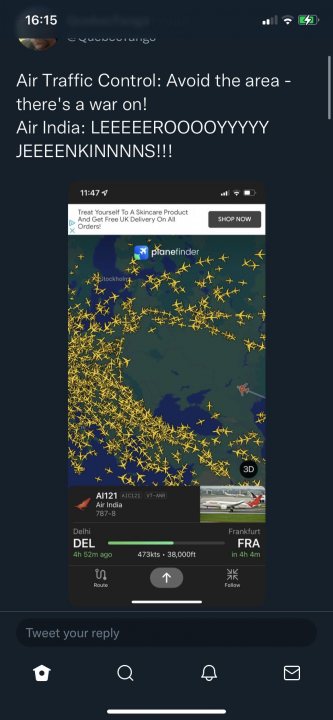 Russia/Ukraine/USA crisis. - Page 213 - News, Politics & Economics - PistonHeads UK - The image features a screenshot of a phone displaying a map. There is a text overlay on the map, which seems to be a commentary or an update about air traffic control in India. It mentions "Air Traffic Control" and expresses a need for the area to avoid congestion. There are additional messages above and below the map, one of which suggests that everyone is going crazy ("LEEEEEEEENN"), implying a sense of urgency or excitement about something happening in the airspace. The style of the image is a simple screenshot from a smartphone, possibly indicating an active communication or monitoring situation related to aviation.