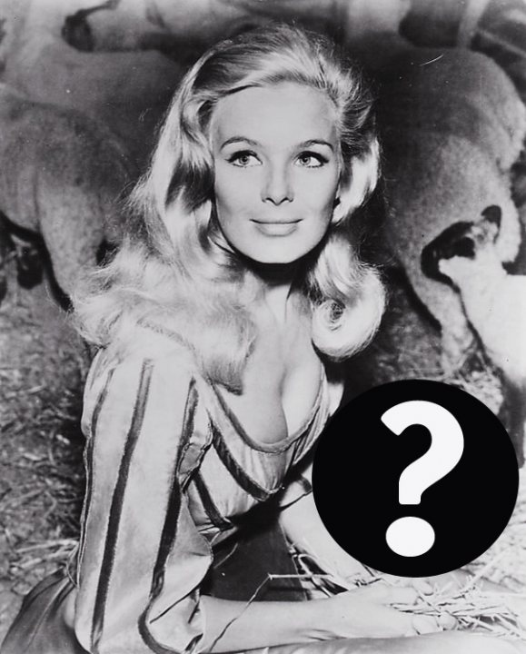 The image features a woman with voluminous blonde hair styled in loose waves. She has a fair complexion and her nose is slightly upturned. She is wearing what appears to be a pale, striped blouse or dress. In the background, there's a blurred image of a barnyard scene with sheep. Overlaid on the image is a question mark in a bold black font. The overall style of the image suggests it could be a vintage celebrity portrait.