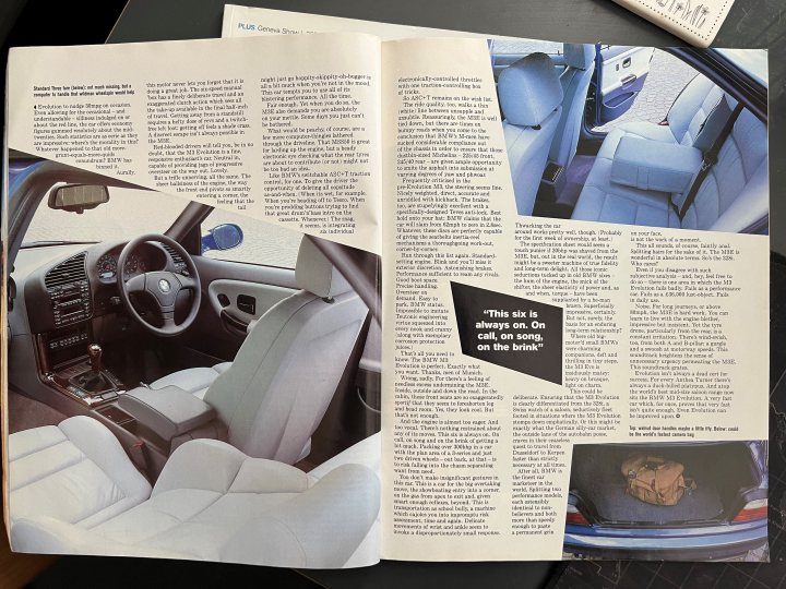 BMW E36 M3 - Reckless Restoration  - Page 10 - Readers' Cars - PistonHeads UK - The image is of an open magazine or publication lying on a surface. It features a page with articles and images. There is text visible, indicating the content includes an article about car interior design and showcases a car's interior. Additionally, there are photos of cars and their interiors, suggesting that the publication might be related to automotive or lifestyle. The overall layout of the magazine suggests it is informational, with a mix of textual and visual content.