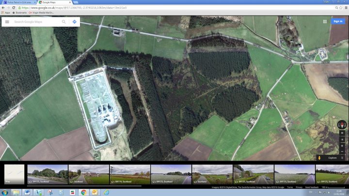 Police Patrol in Echt area - Page 1 - Scotland - PistonHeads - The image is a screenshot of a Windows operating system showing an aerial or satellite view of a landscape with a mix of grassy fields, some with basic geometric shapes outlining possible maneuvering paths. There's also a personal watering system installed in one section of the land, marked by an outline resembling a rectangle with several smaller rectangles. To the left, several smaller insets are visible, suggesting a zoom function used to navigate different sections of the land in the larger image.