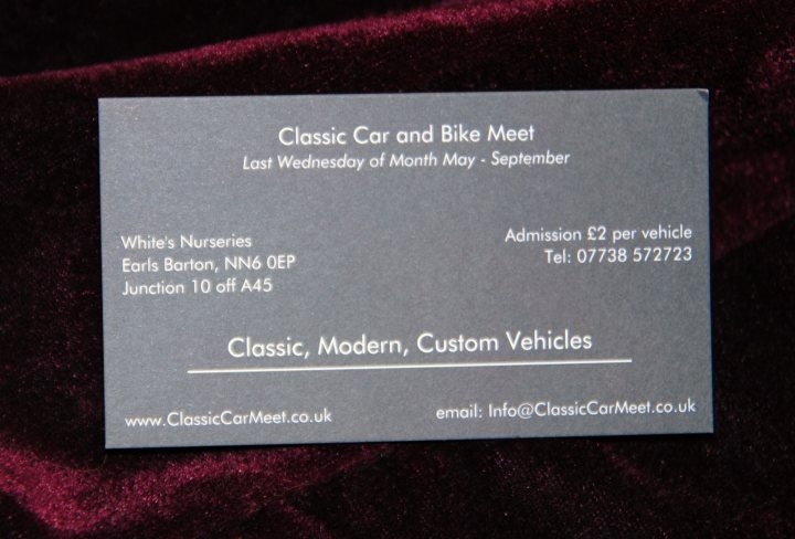 Barton Monthly Pistonheads Earls - The image displays a business card against a dark purple background. The card has a black front with text in white and gray that details information about a vehicle meetup event. The text states "Classic Car and Bike Meet," indicating a social gathering for those with classic cars and motorcycles. The text also lists the location and date of the meetup "White's Nurseries, Earls Barton," which appears to be in England, "November 1st, 2018," for the entire week. At the bottom, there are contact numbers provided and a website listed. The overall design of the card is simple and straightforward, with a clean and professional look that suits the nature of the event.