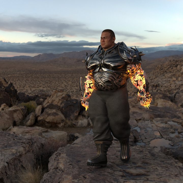 A man standing on a beach holding a surfboard - In the image, a man stands prominently in the center of the frame. He is dressed in an armor costume, which gives him a formidable appearance. The costume is detailed and realistic, suggesting that this could be from a fantasy or sci-fi game. The man's pose is confident and assertive, with his arms outstretched as if he is ready for action. 

The background of the image reveals a rugged desert landscape. There are rock formations visible in the distance, adding to the harsh yet beautiful environment. Above it all, the sky is painted in shades of orange and red, indicating either sunrise or sunset. The overall atmosphere of the image suggests an adventurous journey or quest in this vast desert.